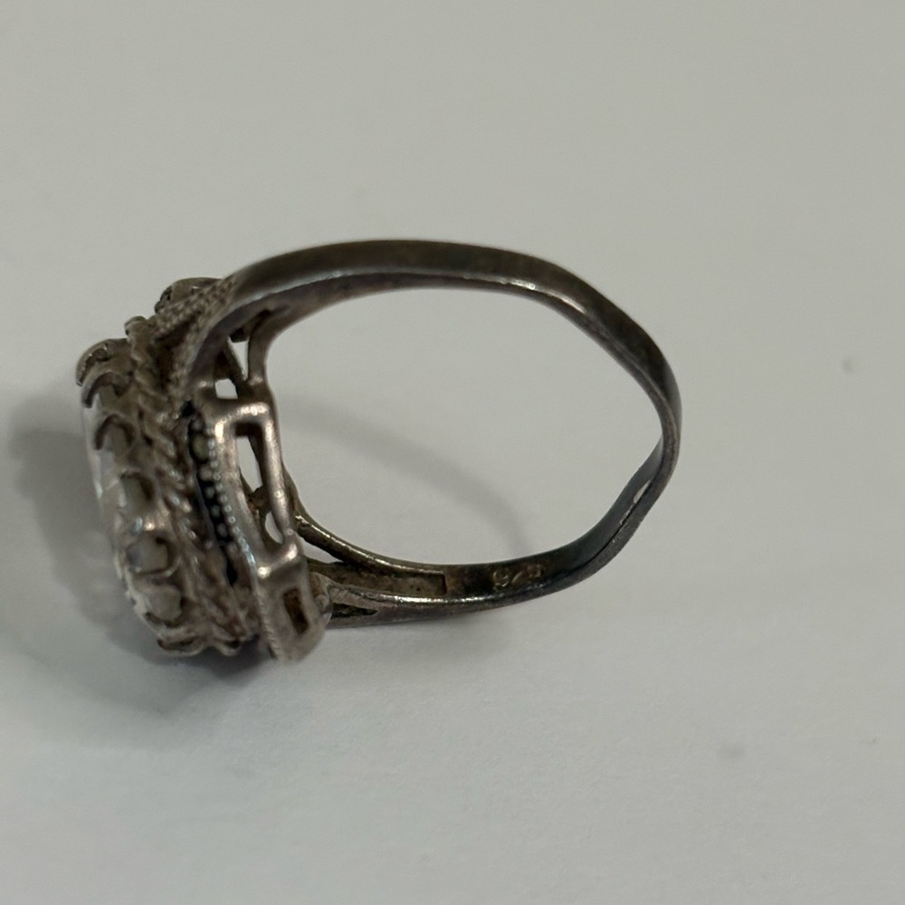S925 Sterling Silver Vintage Oval Clear Quartz Color Statement Ring Size 5.5 - Picture 2 of 5